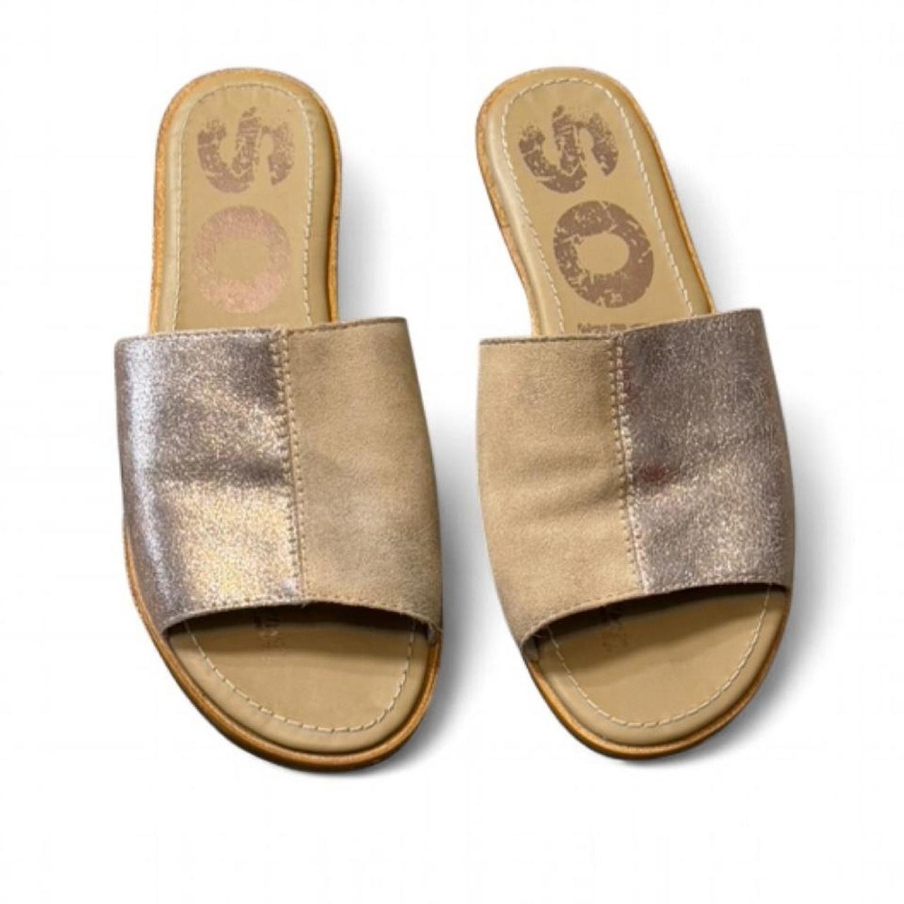 Sorel Tan & Metallic Rose Gold Slide Sandals, Women's Size 8.5